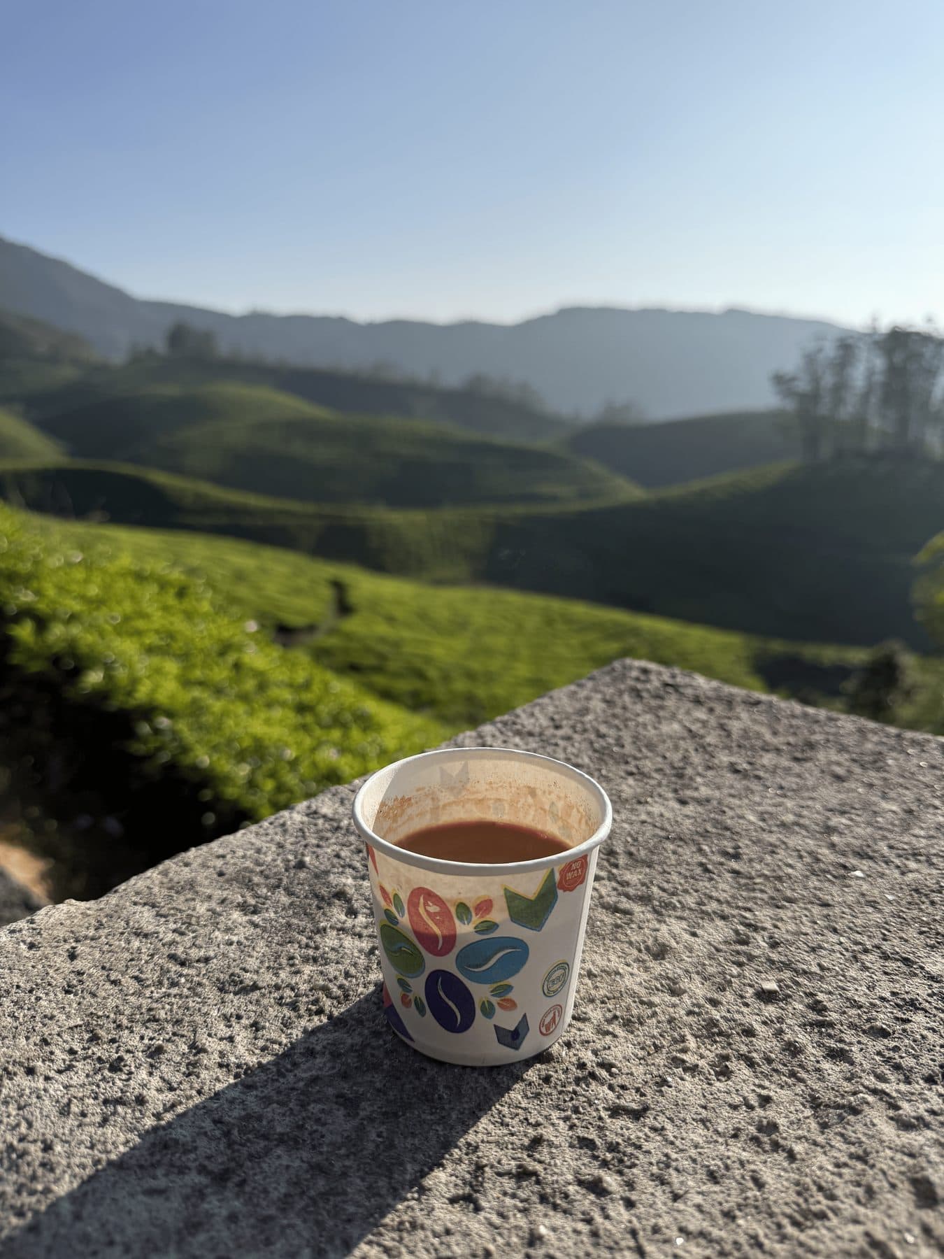 A cup of chai on a wall overlooking the tea hills of Munnar