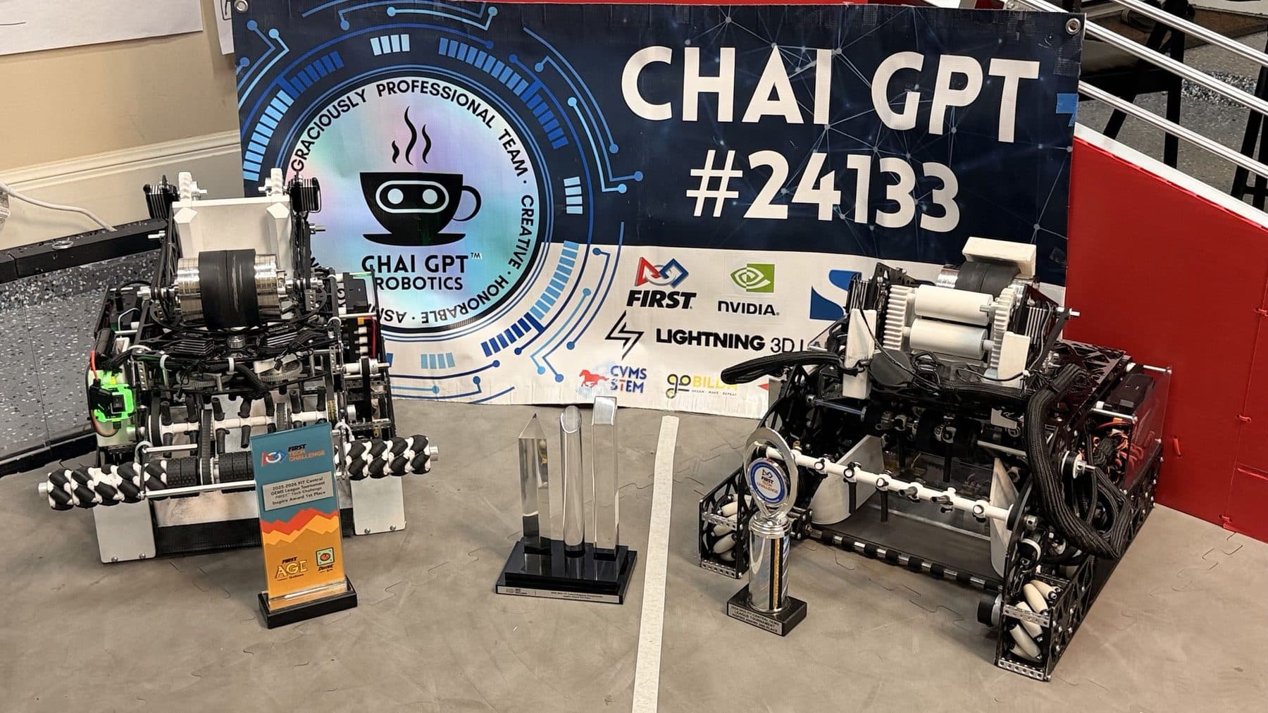 CHAI GPT 24133 team banner with two robots and Inspire Award trophies